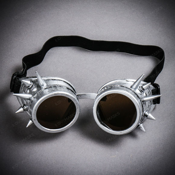 Steampunk Spikes Goggles With Dark Lens - Metallic Silver - Picture 1 of 4